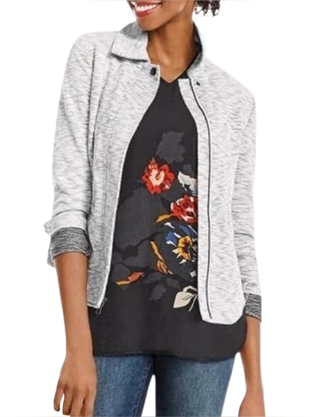 Cabi Neo Moto Sweatshirt Marled Full Zip Gray Large